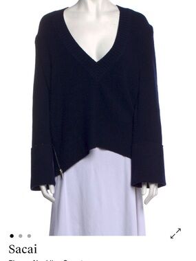 Sacai Navy V-Neck Asymmetric Knit Wool Sweater